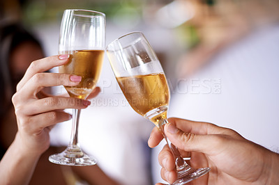 Buy stock photo Hands, couple and glass with champagne to toast, celebrate and anniversary with date for bonding. Closeup, relationship and cheers for love with bubbles for romance on vacation, support and care.