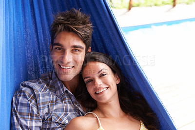 Buy stock photo Couple, portrait and hammock relax on holiday for summer vacation in Hawaii for honeymoon, bonding or stress relief. Man, woman and peaceful at tropical paradise resort for resting, travel or calm