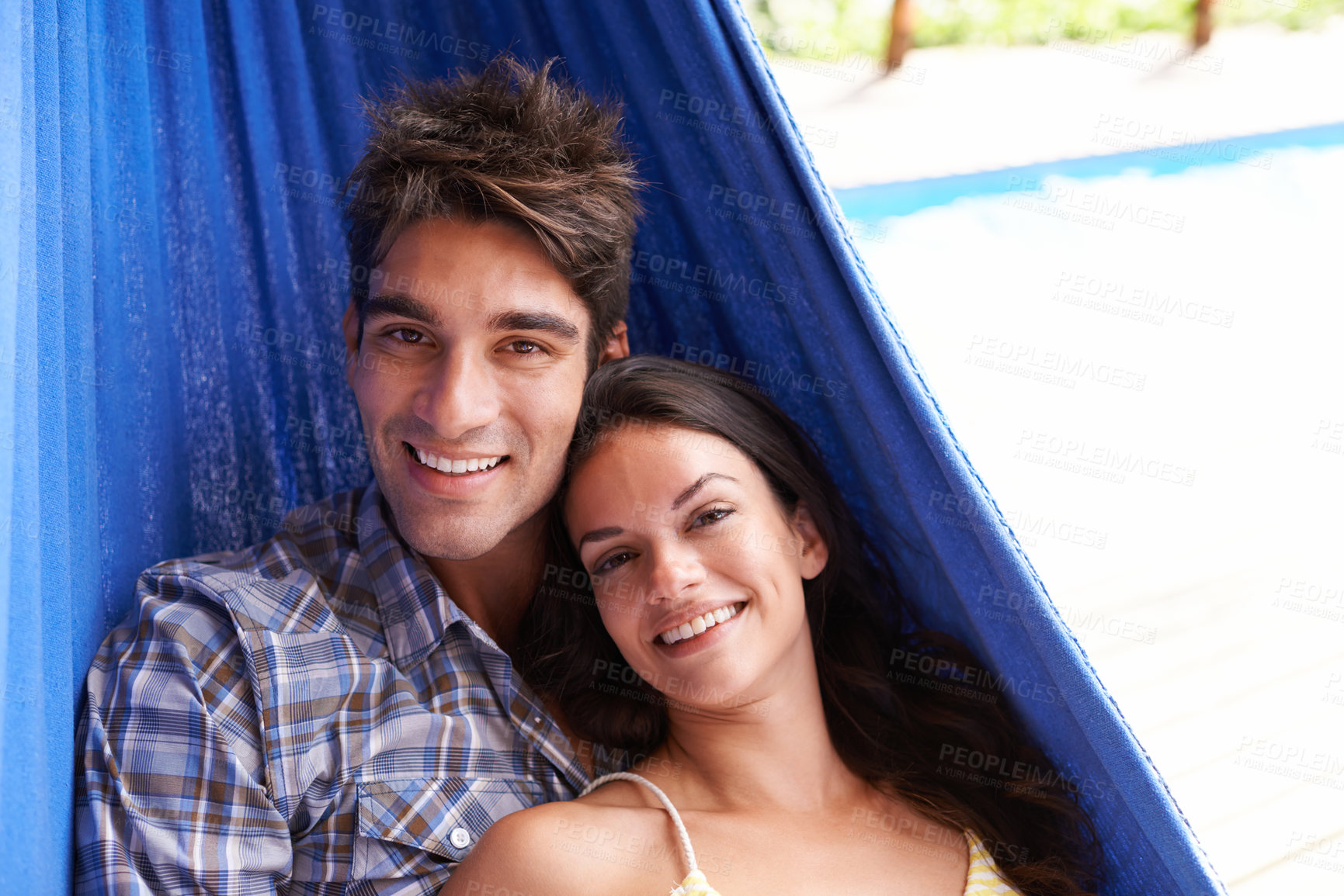 Buy stock photo Couple, portrait and hammock relax on holiday for summer vacation in Hawaii for honeymoon, bonding or stress relief. Man, woman and peaceful at tropical paradise resort for resting, travel or calm
