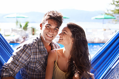 Buy stock photo Couple, hammock relax at holiday resort for summer vacation in Hawaii for honeymoon, bonding or love. Man, woman and lodge pool at tropical paradise or hotel for resting, travel or beach break