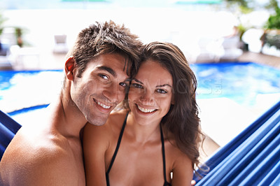 Buy stock photo Summer, holiday and portrait of couple in pool with happiness outdoor on vacation in Florida. People, relax and enjoy sunshine in Miami at hotel, villa or home for swimming in water for fun together