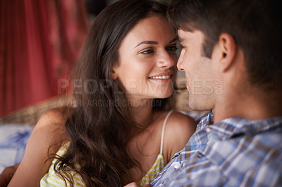 Buy stock photo Face, couple and smile with love for bonding to relax, together and summer holiday with affection. Closeup, relationship and happiness on break for trip with leisure, support and care with memories.