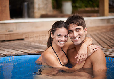 Buy stock photo Couple, portrait and swimming pool relax for travel vacation in Hawaii for honeymoon holiday, bonding or stress relief. Man, woman and embrace for hotel weekend in summer for trip, outdoor or peace