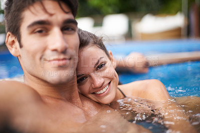 Buy stock photo Happy couple, portrait and swimming pool for travel break or Hawaii vacation for honeymoon, bonding or stress relief. Man, woman and embrace for hotel weekend in summer for trip, outdoor or peace