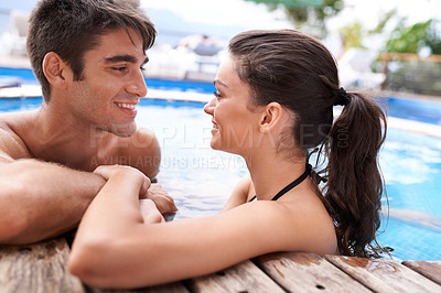 Buy stock photo Couple, jacuzzi and smile for bonding on holiday with love, date and summer to relax outdoor. Relationship, vacation and happy in outdoor with pool for affection, romance and support together.