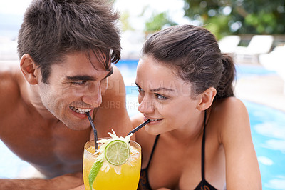 Buy stock photo Swimming pool, cocktail and couple with vacation, summer and weekend break with happiness and honeymoon. Sunshine, man and woman with tropical drink and wet with holiday and luxury with water and joy