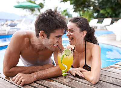 Buy stock photo Swimming pool, cocktail and couple with vacation, funny and weekend break with happiness and laughing. Sunshine, man and woman with tropical drink and love on holiday and luxury with water or summer