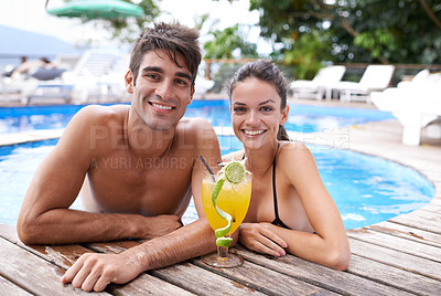 Buy stock photo Swimming pool, cocktail and couple with portrait, summer and weekend break with vacation and honeymoon. Sunshine, man and woman with tropical drink and love with holiday and luxury with celebration
