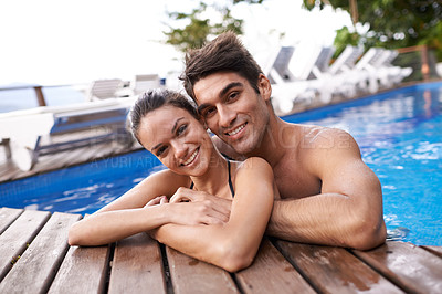 Buy stock photo Couple, portrait in pool and hug outdoor, love and connection with summer vacation at resort or hotel. Happy people, swimming or relax in jacuzzi for romantic date or getaway with trust and bonding