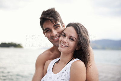 Buy stock photo Portrait, smile and couple at sea on vacation, holiday or travel together outdoor in Italy. Face, man and happy woman at ocean for adventure, care and connection in summer by water in nature for love