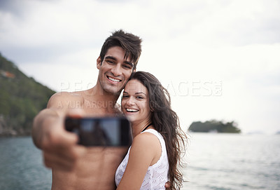 Buy stock photo Couple, selfie and smile in nature, travel and love for honeymoon vacation trip. Happy married man, woman and photography for holiday memories, social media and outdoor adventure to seaside Hawaii