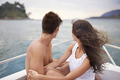 Buy stock photo Man, woman and couple with back view on a boat in the ocean, vacation and travel to Italy for anniversary or honeymoon. Romantic adventure for love, bonding and trust in relationship with transport