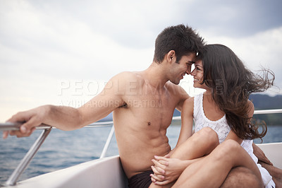 Buy stock photo Couple, smile and boat with lake, water and nature for love and summer travel. Man, woman and holiday with adventure, happiness and intimate relationship with date or honeymoon for ocean journey