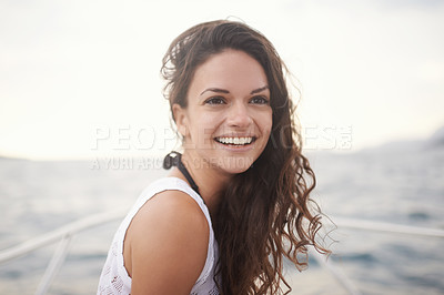 Buy stock photo Woman, sea and smile on yacht in outdoors, calm and travel to ocean on summer holiday. Happy female person, cruise and relax on boat transportation in water, peace and sailing in Italy on vacation
