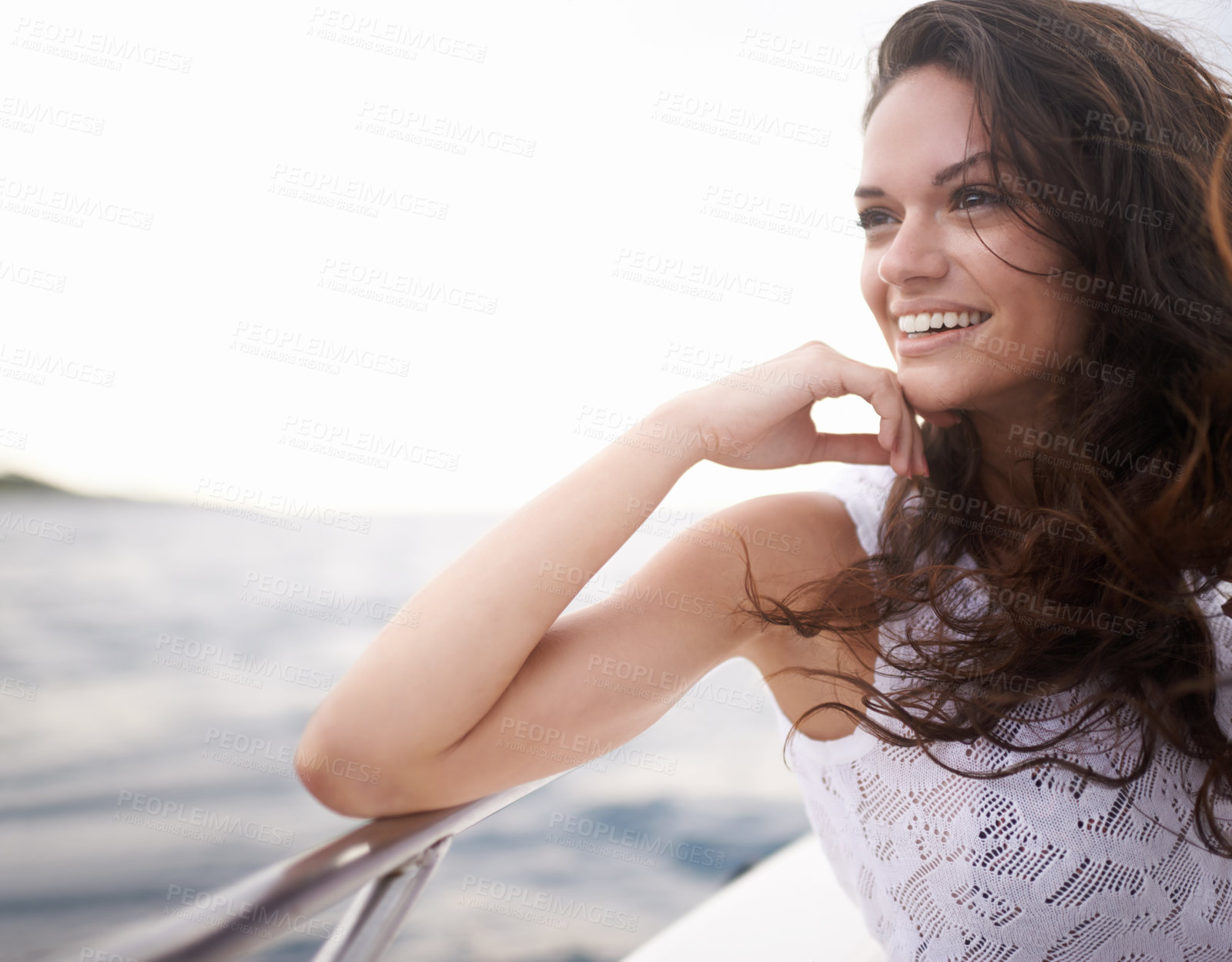 Buy stock photo Woman, water and smile on yacht in outdoors, happy and travel to ocean on summer holiday. Female person, cruise and relax on boat transportation in sea, tranquil and sailing in Italy on vacation