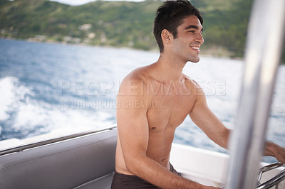 Buy stock photo Man, boat and sailing on ocean for relax vacation in Hawaii or explore coast on tropical island, adventure or transportation. Male person, speed and lake journey or voyage, paradise or navigation