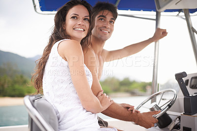 Buy stock photo Couple, boat and driving or travel holiday or explore sea on vacation adventure in Hawaii, view or steering wheel. Man, woman and happy in paradise or outdoor journey on coast, transportation or trip