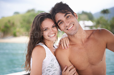 Buy stock photo Portrait, happy couple and vacation at ocean, holiday or travel together outdoor to relax. Face, man and smile of woman at sea for adventure, care and connection in summer by water in nature for love