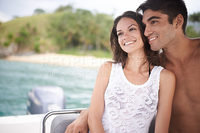 Buy stock photo Man, woman and couple on a boat in the ocean, happy with vacation and travel to Italy for anniversary or honeymoon. Romantic adventure for love, bonding and trust in relationship with transport