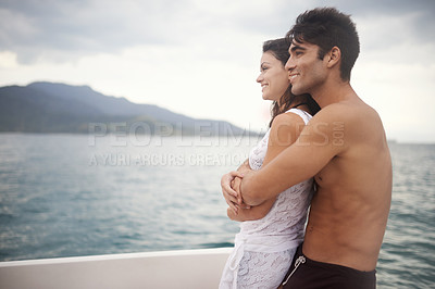 Buy stock photo Couple, boat and embrace on ocean on vacation, love and relax by water on summer holiday. People, cruise and bonding for relationship in outdoors, support and hug on weekend trip to sea on yacht