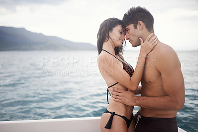 Buy stock photo Love, couple and touch forehead at sea for vacation, holiday or travel together on boat in summer. Man, woman and intimate at ocean for connection, care or adventure by water outdoor on mockup space