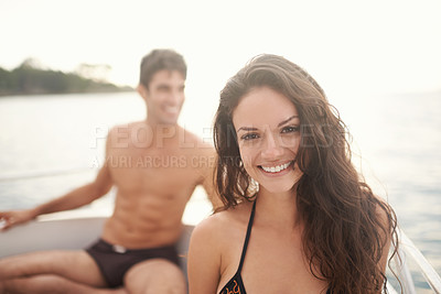 Buy stock photo Couple, bonding and smile on boat in outdoors, love and travel to ocean on summer holiday. Happy people, cruise and woman on yacht transportation in portrait, freedom and sailing in Italy on vacation