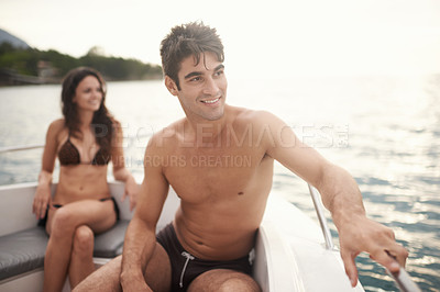Buy stock photo Man, woman and couple relax on a boat in the ocean, happy with vacation and travel to Italy for anniversary or honeymoon. Romantic adventure for love, bonding and trust in relationship with transport