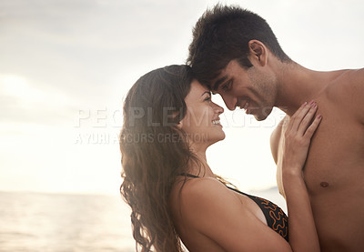 Buy stock photo Love, happy couple and sunset at sea for vacation, holiday or travel together in summer on mockup. Man, woman and romance at ocean for connection, care and touch face on adventure by water outdoor