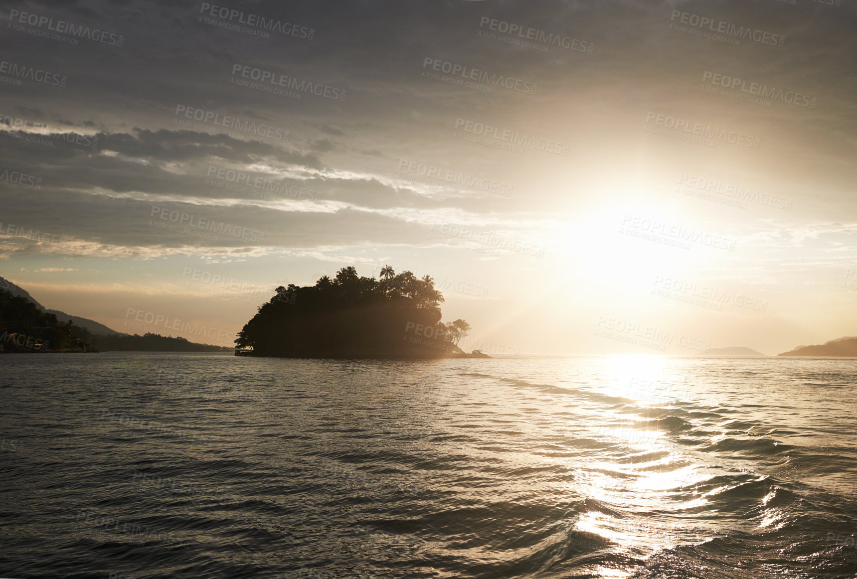 Buy stock photo Sunset, nature and sea with landscape and horizon, environment for travel and vacation location. Clouds, sky and water with tourism destination, natural background or seascape with waves and calm