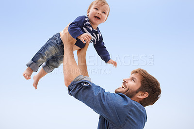 Buy stock photo Happy, baby and smile father lift child with blue sky, family fun for excited kid with love in development and growth. Affection, man play airplane with kid outdoor for quality time game on vacation 