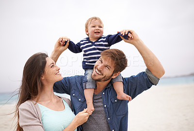 Buy stock photo Airplane, family and baby with parents at a beach for piggyback, fun and walking in nature. Love, kid and happy woman with man outdoors bonding, smile and relax while enjoying travel, freedom or game