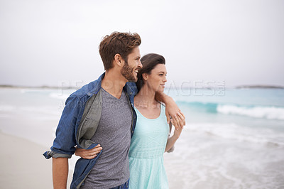 Buy stock photo Holiday, sea and couple embrace on walk, waves and water in trip for adventure in nature outdoor. People, man and woman in relationship as partners with smile for love in vacation together to relax