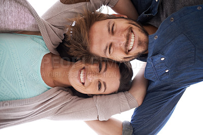 Buy stock photo Portrait, face and couple smile with embrace, sky and love with happiness for marriage in nature outdoor. People, man and woman in relationship as partners together to relax in summer and below