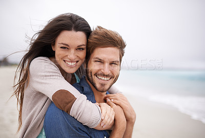 Buy stock photo Couple on beach, portrait and hug with travel and holiday, love and care with trust and happiness. Freedom, mockup space and happy man with woman outdoor, summer vacation and ocean with support