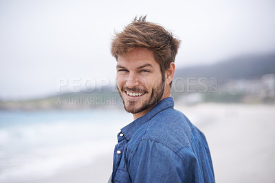 Buy stock photo Happy, portrait and beach with man on summer vacation, getaway trip and adventure. Ocean, smile and male person for happiness, wellness and travel destination for peace, weekend break and tourism.
