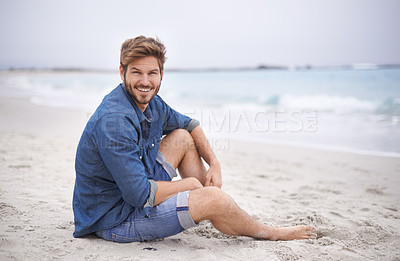 Buy stock photo Portrait, beach and man with a smile, travel and summer holiday with weekend break and water. Waves, face and person with happiness and guy with seaside and journey with vacation or sand with freedom