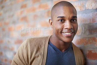 Buy stock photo Man, portrait and student for casual fashion by wall background, smile and confidence for style. Black male person, happy and satisfaction for cool clothes, gen z and pride for aesthetic in outdoors