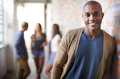 Buy stock photo Education, university and portrait of black man with smile for motivation, knowledge and learning. College, academy scholarship and male student with friends on campus for studying, class and school