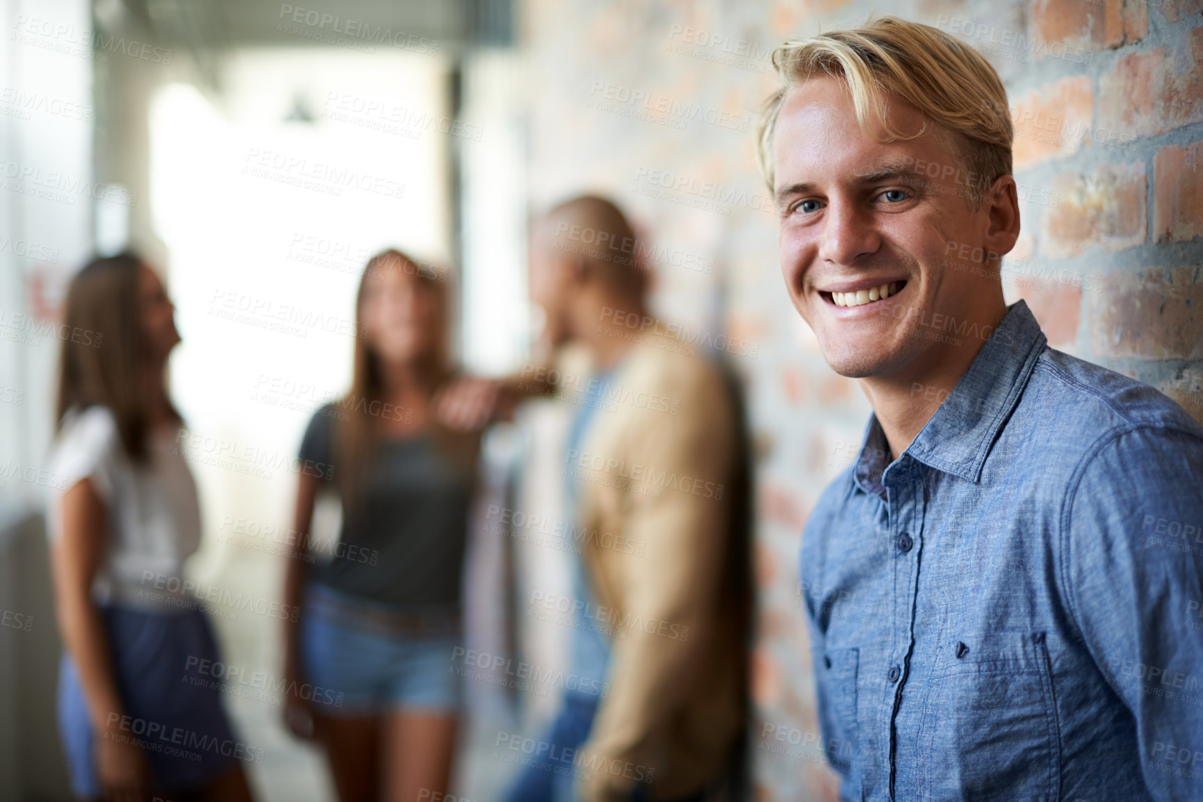 Buy stock photo University, education and portrait of man with happy face for study goals, knowledge and learning. College, academy scholarship and male student with friends on campus for studying, class or school