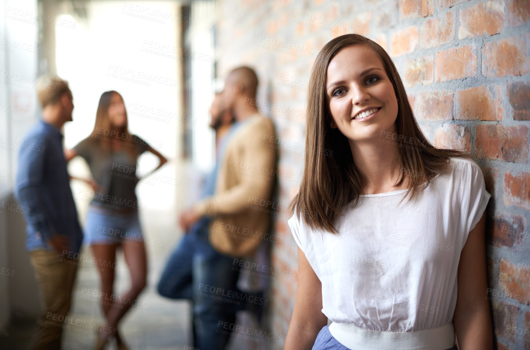 Buy stock photo Education, happy and portrait of woman in hallway for academic exam, knowledge and learning. University, academy scholarship and female student with friends on campus for studying, college or school