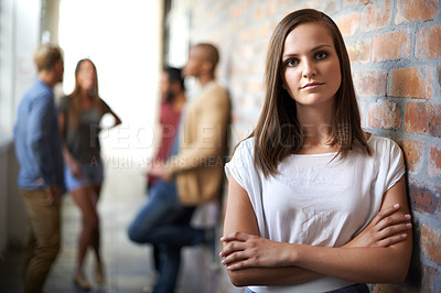Buy stock photo University, hallway or portrait of woman with crossed arms for education, knowledge and learning. College, academy or scholarship female student with friends in campus corridor for studying or school