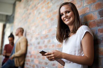 Buy stock photo School, phone and portrait of woman in hallway for social media, technology or internet. Education, learning and scholarship with student on university campus for connection, contact or text message