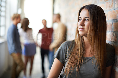 Buy stock photo Young woman, thinking and planning in corridor idea, thoughts and vision for project. Female, decision to contemplate solution in hallway for brainstorming, inspiration and innovation or future plans