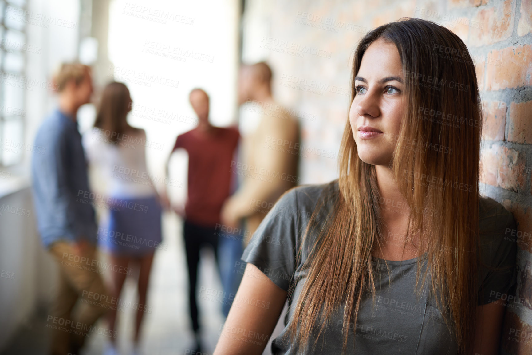 Buy stock photo Young woman, thinking and planning in corridor idea, thoughts and vision for project. Female, decision to contemplate solution in hallway for brainstorming, inspiration and innovation or future plans