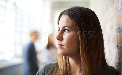 Buy stock photo Woman, thinking and planning in hallway ideas, thoughts and inspiration for work. Person, reflect and contemplating vision in corridor or situation, brainstorming and problem solving for project