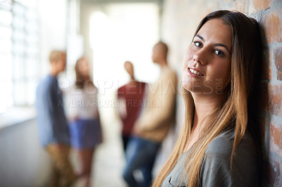 Buy stock photo University, corridor and portrait of woman for education, knowledge and learning in building. College, academy scholarship and female student with friends on campus for studying, class and school