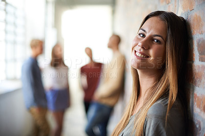 Buy stock photo University, education or portrait of woman with smile for studying, knowledge or learning. College, academy or scholarship female student with friends in campus hallway for academic, class and school