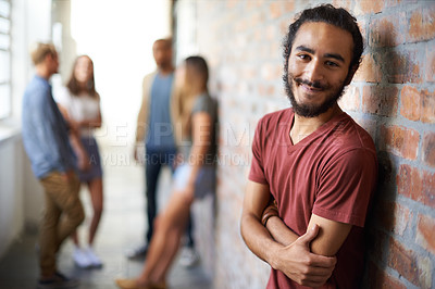 Buy stock photo Education, university and happy portrait of man with smile for motivation, knowledge and learning. College, scholarship and face of male student with friends on campus for studying, class and school