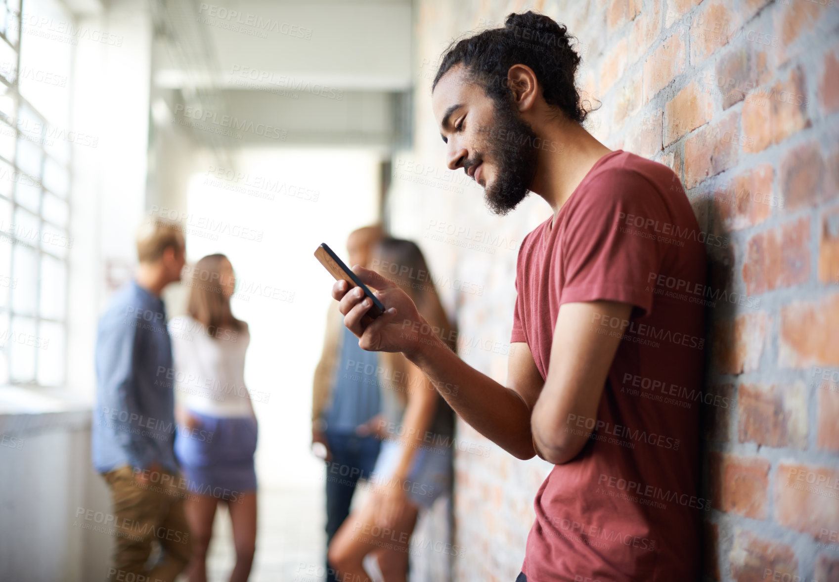 Buy stock photo School, phone and relax with man in hallway for social media, technology or internet. Eduction, learning and scholarship with male student on university campus for connection, contact or text message