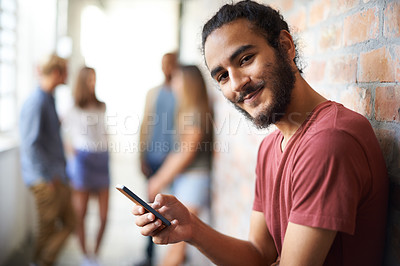 Buy stock photo College, phone and portrait of man in hallway for social media, technology or internet. Eduction, learning and scholarship with student on university campus for connection, contact or text message